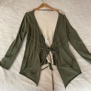 Front tie green long sleeve cardigan with lace size L